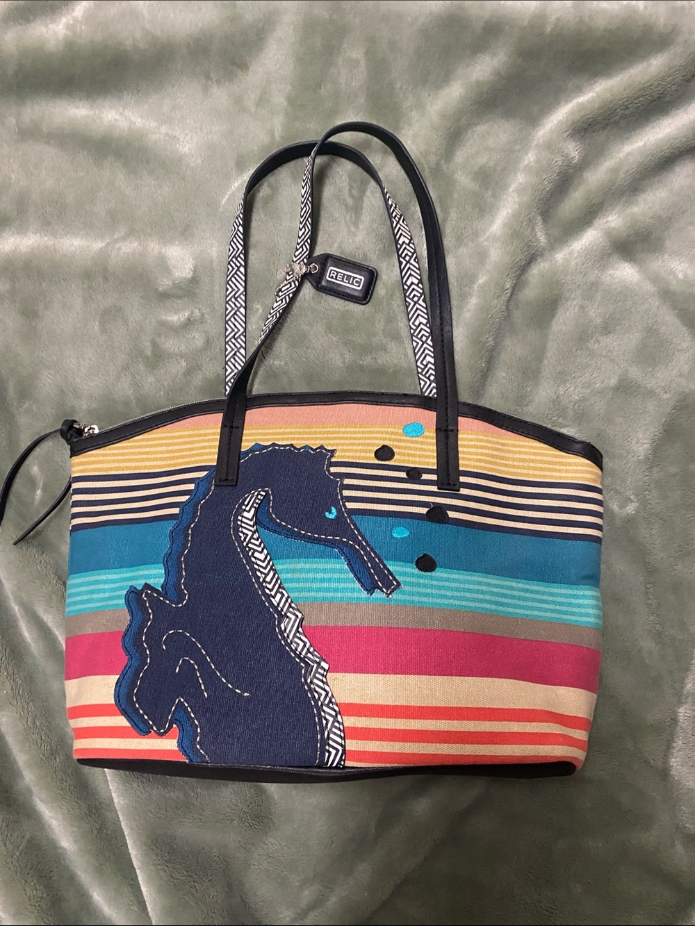 Relic Brand Multicolor Striped Tote with Navy Seahorse Applique